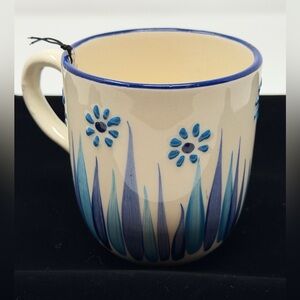 Handmade Floral Blue and Cream Ceramic Mug Made in Turkey NWT